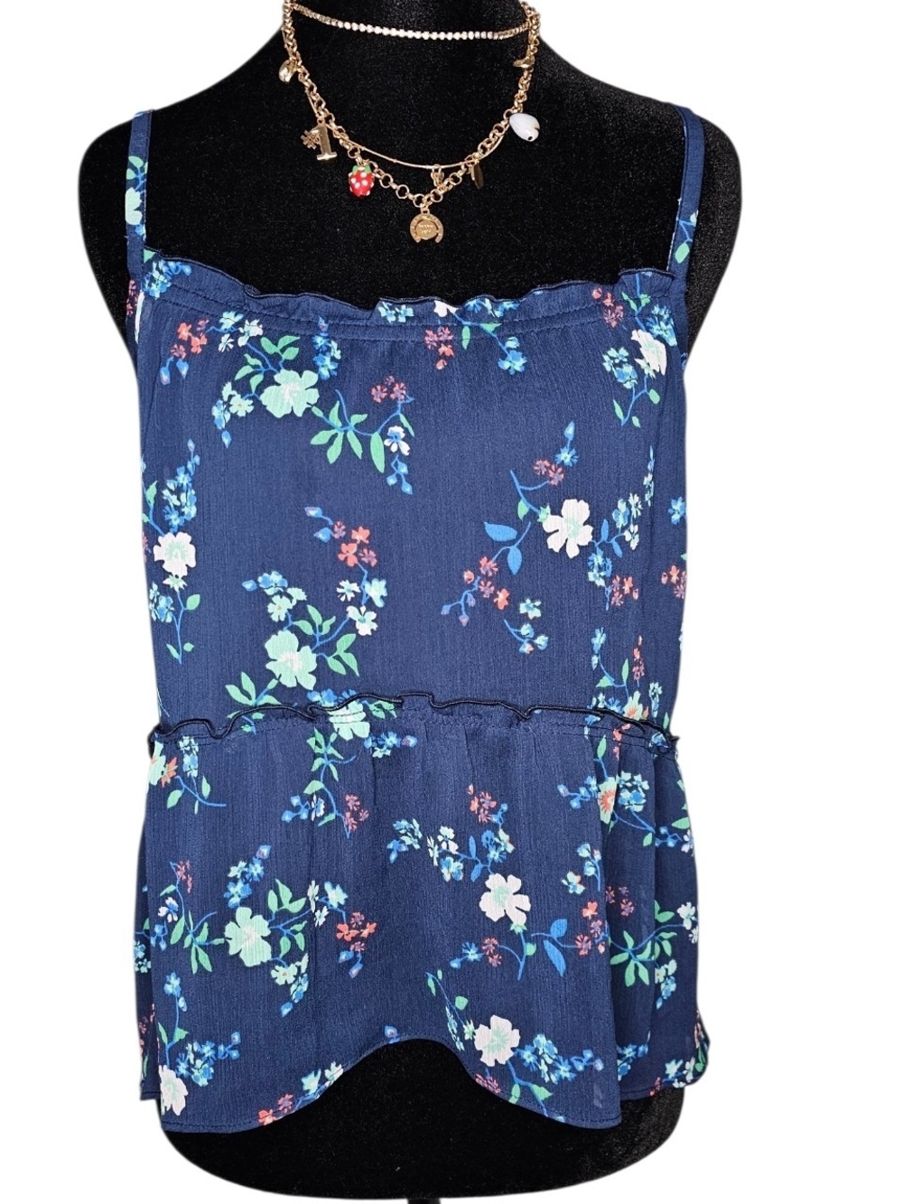 Hollister Navy Blue Floral Ruffle Babydoll Cami Tank Top XS